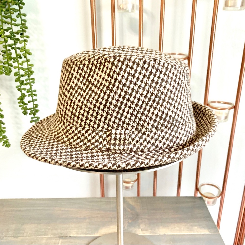 Houndstooth Wool Fedora Hat Brown & Cream - Picture 6 of 8